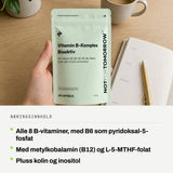 Næringsinnhold: Alle 8 B-vitaminer, med B6 som pyridoksal-5-fosfat. Med metylkobalamin (B12) og L-5-MTHF-folat. Pluss kolin og inositol.