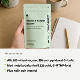 Näringsvärden: Alla 8 B-vitaminer, med B6 som pyridoxal-5-fosfat. Med metylkobalamin (B12) och L-5-MTHF-folat. Plus kolin och inositol.