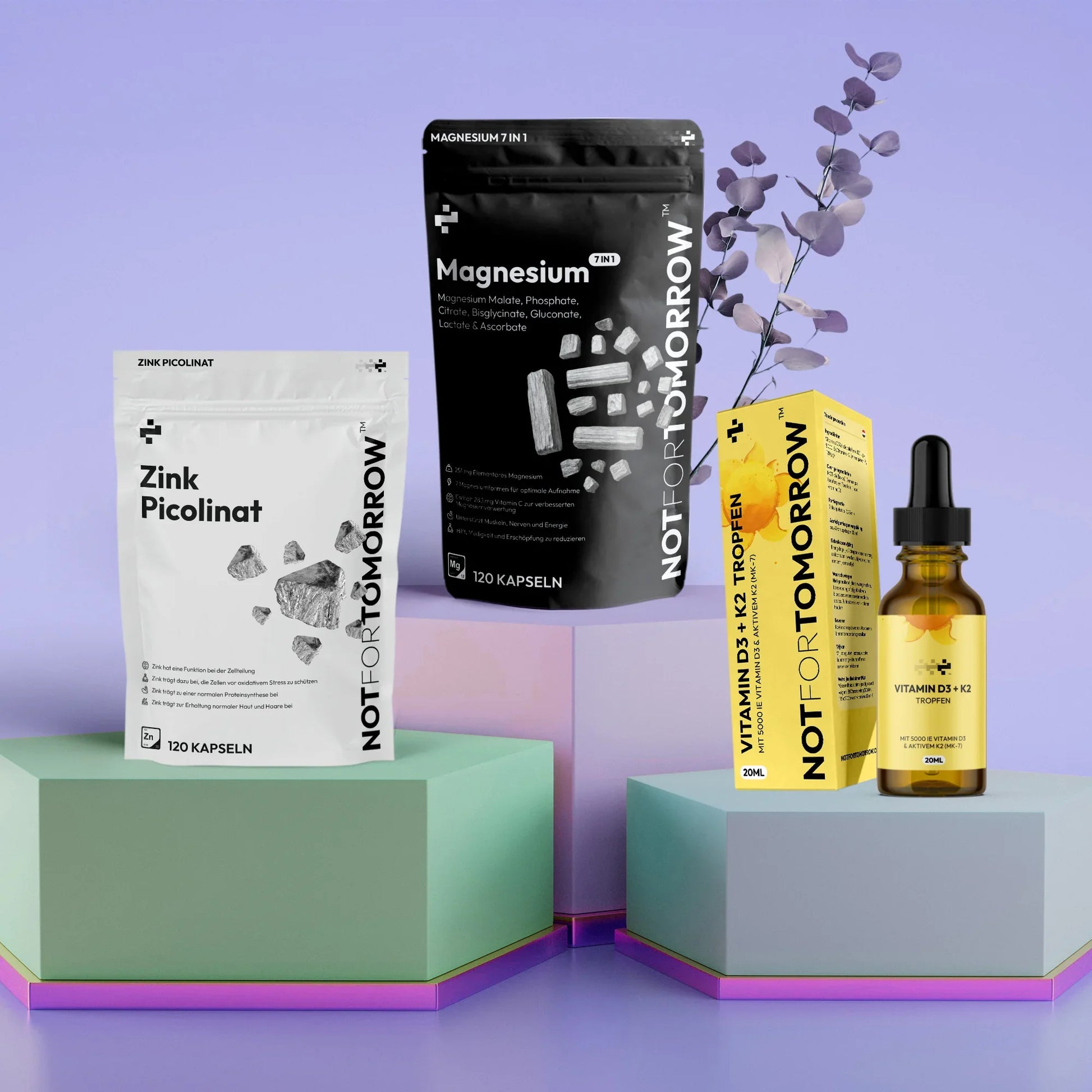 Zinc Picolinate, Magnesium, and Vitamin D3 + K2 supplements on pastel podiums with plant accent