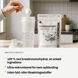 Næringsindhold: 100 % rent kreatinmonohydrat, én enkelt ingrediens. Ultra-mikroniseret for nem opblanding. Uden fyld- eller tilsætningsstoffer.