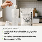 Valeurs nutritionnelles: Monohydrate de créatine 100 % pur, ingrédient unique. Ultra-micronisé pour se mélanger facilement. Sans charges ni additifs.