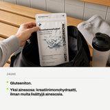 Jauhe: Gluteeniton. Yksi ainesosa: kreatiinimonohydraatti, ilman muita lisättyjä ainesosia.