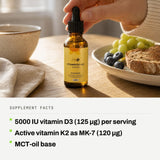 Supplement facts: 5000 IU vitamin D3 (125 µg) per serving. Active vitamin K2 as MK-7 (120 µg). MCT-oil base.