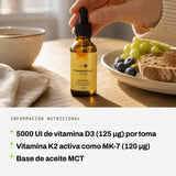 Información nutricional: 5000 UI de vitamina D3 (125 µg) por toma. Vitamina K2 activa como MK-7 (120 µg). Base de aceite MCT.