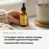 Dråber (flydende, 20 ml): Fri for gluten, laktose, alkohol, kunstige farvestoffer og konserveringsmidler. Indeholder MCT-olie fra kokos.