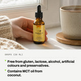 Drops (20 ml): Free from gluten, lactose, alcohol, artificial colours and preservatives. Contains MCT oil from coconut.