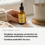 Gotas (líquido, 20 ml): Sin gluten, sin lactosa, sin alcohol, sin colorantes artificiales ni conservantes. Contiene aceite MCT de coco.