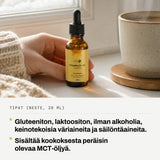Tipat (neste, 20 ml): Gluteeniton, laktoositon, ilman alkoholia, keinotekoisia väriaineita ja säilöntäaineita. Sisältää kookoksesta peräisin olevaa MCT-öljyä.