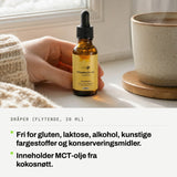 Dråper (flytende, 20 ml): Fri for gluten, laktose, alkohol, kunstige fargestoffer og konserveringsmidler. Inneholder MCT-olje fra kokosnøtt.