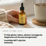 Droppar (flytande, 20 ml): Fri från gluten, laktos, alkohol, konstgjorda färgämnen och konserveringsmedel. Innehåller MCT-olja från kokosnöt.
