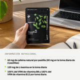 Información nutricional: 40 mg de cafeína natural por pastilla (80 mg en la toma diaria de 2 pastillas). 120 mg de L-teanina en la toma diaria. 100% del VRN de vitamina B6 y 192% del VRN de vitamina B12 por toma diaria.