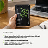 Ravintoarvot: 40 mg luonnollista kofeiinia imeskelytabletissa (80 mg 2 imeskelytabletin päiväannoksessa). 120 mg L-teaniinia päiväannoksessa. 100 % NRV B6-vitamiinia ja 192 % NRV B12-vitamiinia päiväannoksessa.