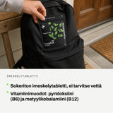 Imeskelytabletti: Sokeriton imeskelytabletti, ei tarvitse vettä. Vitamiinimuodot: pyridoksiini (B6) ja metyylikobalamiini (B12).
