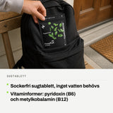 Sugtablett: Sockerfri sugtablett, inget vatten behövs. Vitaminformer: pyridoxin (B6) och metylkobalamin (B12).