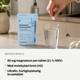 Næringsindhold: 80 mg magnesium per tablet (21 % NRV). Med molekylært brint (H2). Ultrafin, hurtigtopløselig brusetablet.