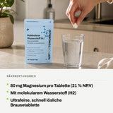 Nährwertangaben: 80 mg Magnesium pro Tablette (21 % NRV). Mit molekularem Wasserstoff (H2). Ultrafeine, schnell lösliche Brausetablette.