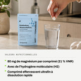 Valeurs nutritionnelles: 80 mg de magnésium par comprimé (21 % VNR). Avec de l'hydrogène moléculaire (H2). Comprimé effervescent ultrafin à dissolution rapide.