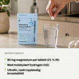 Næringsinnhold: 80 mg magnesium per tablett (21 % RI). Med molekylært hydrogen (H2). Ultrafin, raskt oppløselig brusetablett.