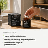Supplement facts: 100% purified shilajit resin. 600 mg per serving, single ingredient. No additives, sugar or preservatives.