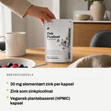 Næringsindhold: 30 mg elementært zink per kapsel. Zink som zinkpicolinat. Vegansk plantebaseret (HPMC) kapsel.