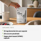 Supplement facts: 30 mg elemental zinc per capsule. Zinc as zinc picolinate. Vegan plant-based (HPMC) capsule.