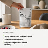 Næringsinnhold: 30 mg elementært sink per kapsel. Sink som sinkpikolinat. Vegansk vegetabilsk kapsel (HPMC).