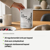 Näringsvärden: 30 mg elementärt zink per kapsel. Zink som zinkpikolinat. Vegansk växtbaserad kapsel (HPMC).