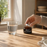 NOTFORTOMORROW Shilajit amber jar with silver lid on wooden table with clear glass of water, hand unscrews the lid