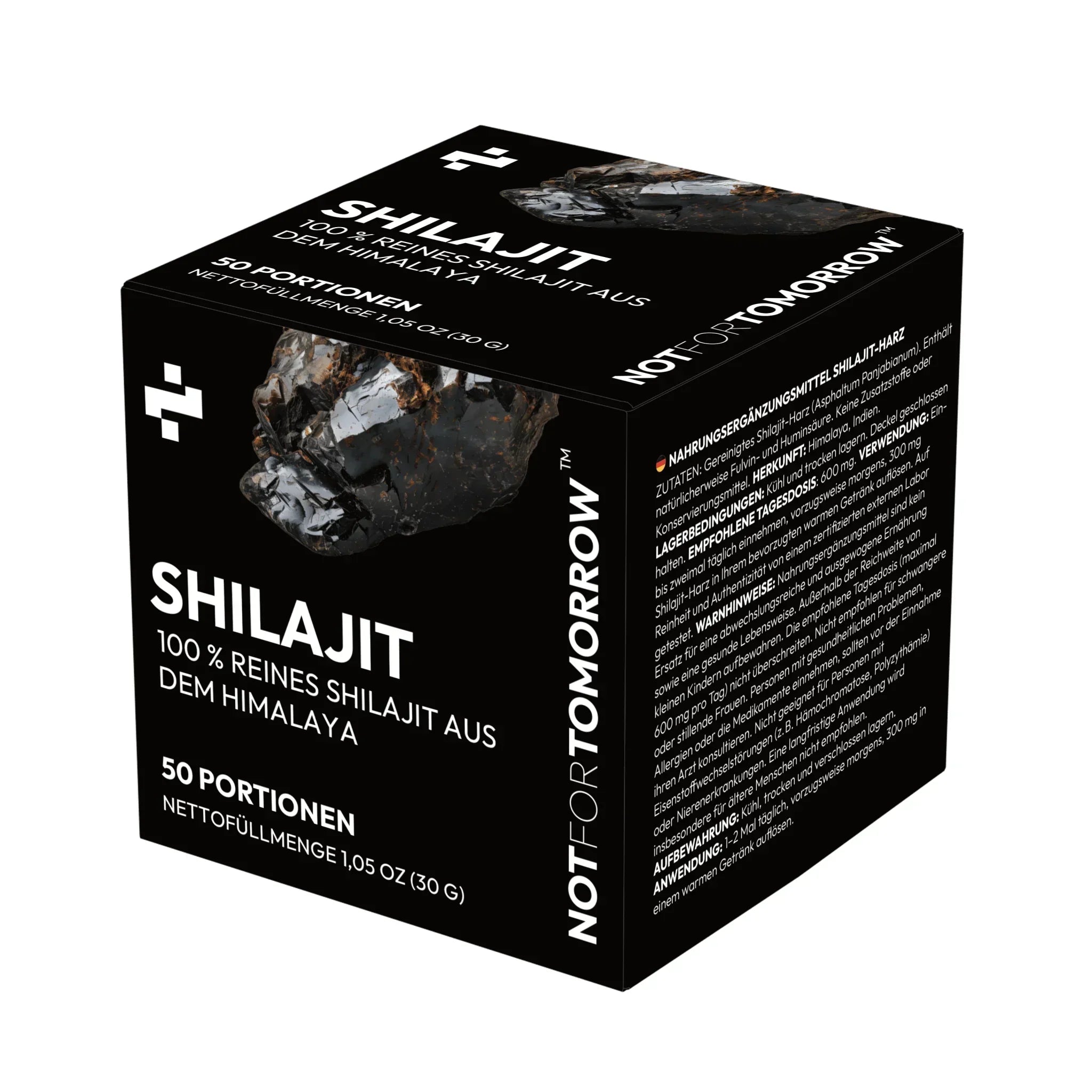 Black box of pure Himalayan Shilajit resin supplement with product information.