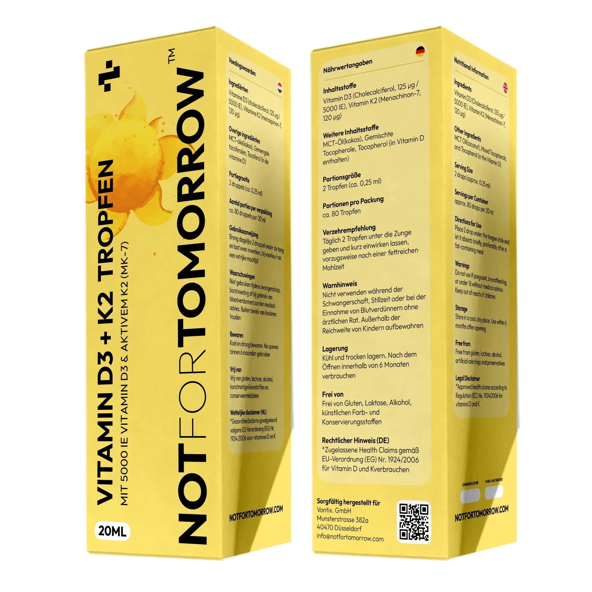 Yellow box of Vitamin D3 K2 drops supplement, 20ml, with product details in German.